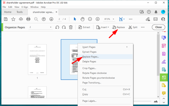 how to replace a page in pdf document