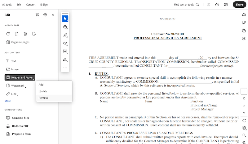 delete pdf header footer adobe 2